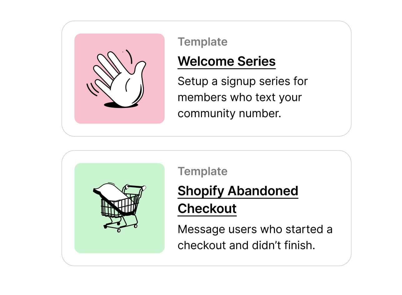 Community SMS workflow templates for welcome and abandoned checkout campaigns