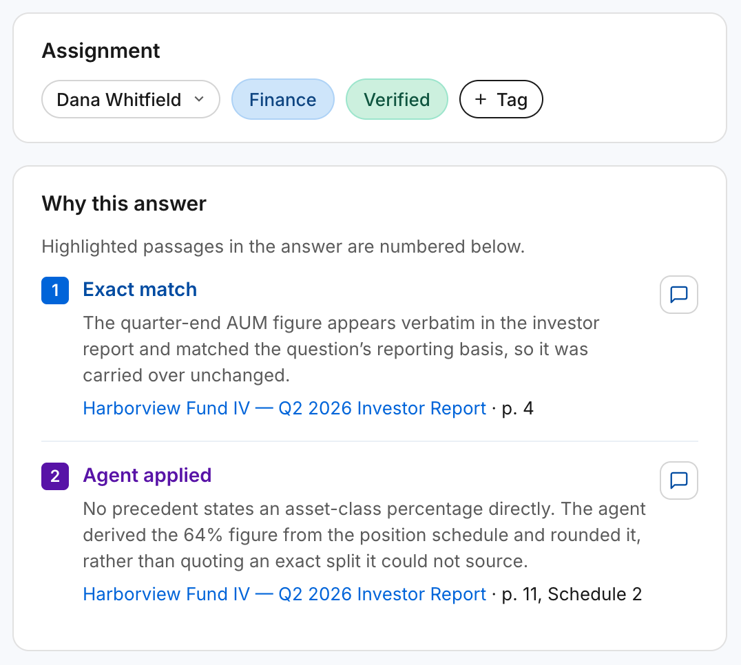 DDQ agent answer panel showing assignment, verified status, and the cited sources behind each answer