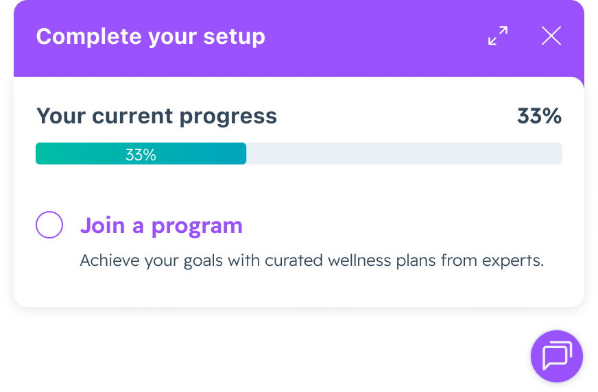 In-app onboarding checklist with setup progress and live chat